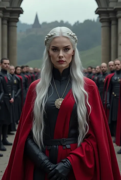 Create a Targaryen woman with long silver hair dressed in red and black 