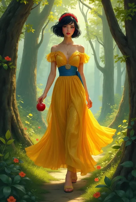  Give me the realistic image of a  with short black hair, with a red band in her hair ,  a shimmering yellow dress with a blue band around the waist , holding an apple in hand walking through the forest a realistic image 