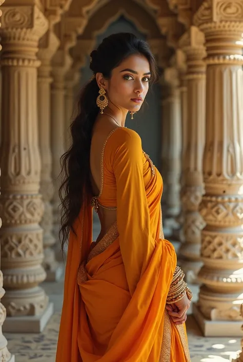  , the most beautiful woman ever , indian , light green eyes , divine beauty  . posing , posing in hindu temple , wearing beautiful saffron saree and blouse , bride , supermodel , full body pose , culture