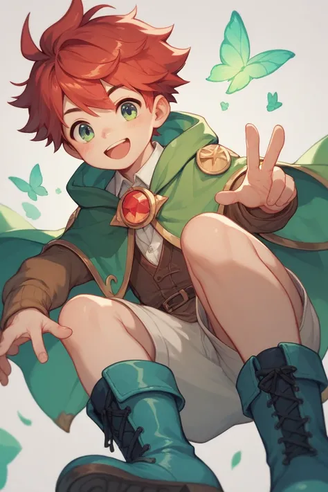 A small and cute red hair boy with green mage robes, a small pair of blue boots and a cute smile while he make a small fire trick