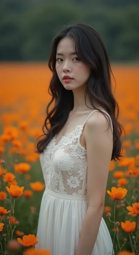 Soft, photography, portrait,  Japanese Women  ,(( White Lace Dress )),Amidst a field of orange flowers,Full body image,Beautiful legs,night,