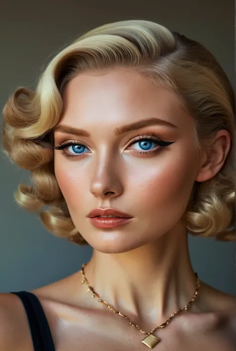  Blonde woman ,  blue eyes, Thick lips,  with short hair with waves style 50s, Looking quietly at the spectator. this would be serious