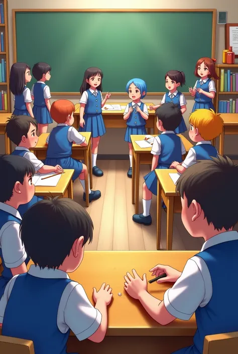  boys and girls in blue and white clothes talking in a classroom.