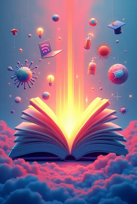 
1. **Central Element:** Draw a large open book in the center. Make it colorful with glowing pages to symbolize knowledge.  

2. **Surrounding Items:** Around the book, add floating icons like a Wi-Fi symbol, a laptop, a graduation cap, and a lightbulb (fo...