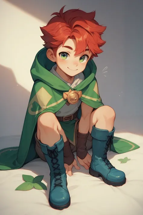 A small and cute red hair boy with green mage robes, a small pair of blue boots and a cute smile while he make a small fire trick