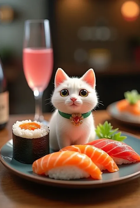 Food Art ， Sashimi Sushi Like Cat，Realistic， high resolution，High quality， Shrimp Seaweed Hand Roll ， Champagne Glass ， Pink Liquid ， Premium Izakaya Background ，Depth of Field， Luxury Meal Close-up 