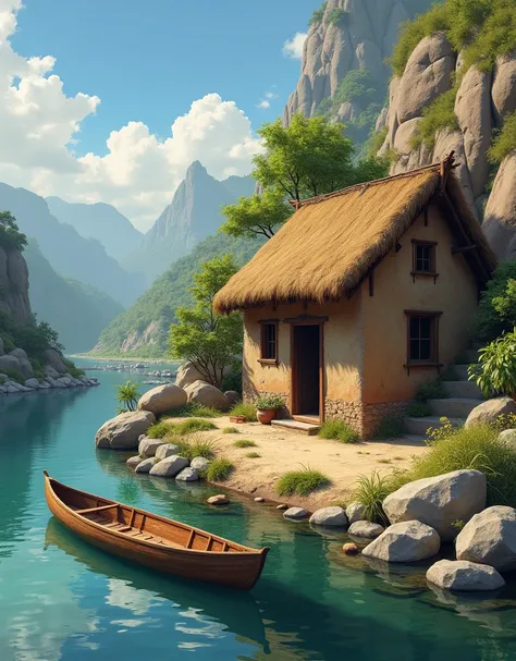 Create an image of a poor clay house with a thatched roof on the edge of a river in the hinterland with Rocks along the bank of the river , And inside the river a wooden kayak