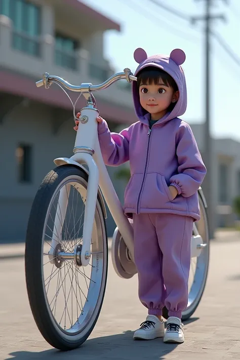 a young native indonesian girl standing next to the worlds most expensive giant bike in white color wearing a purple hod jacket and wearing trousers wearing realistic 8 k poto shoes