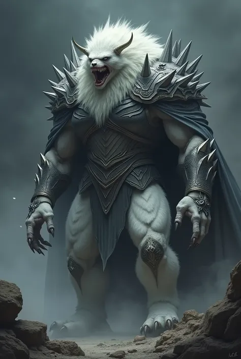 A giant monster wearing a spiky armour with white fur and a gray shawl