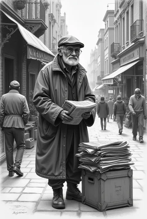 drawing of an old newspaper seller 