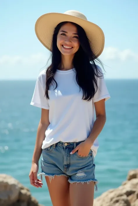 A 25-year-old woman is standing on a rock.Back to the sea Long black hair with a large cream-colored sun hat Wear a white t-shirt and shorts that go past the knee, which are jeans.Stand and look at the camera Smile a little 4K high resolution images Like a...