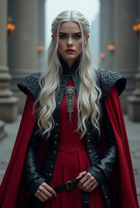 Create a Targaryen woman with long silver hair dressed in red and black 