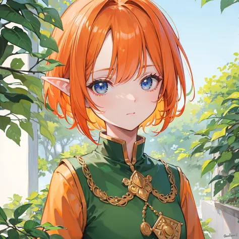 (( best quality)), ((masterpiece)), ( Details),  perfect face,juvenile,Bob Head ,Orange Hair,Elf