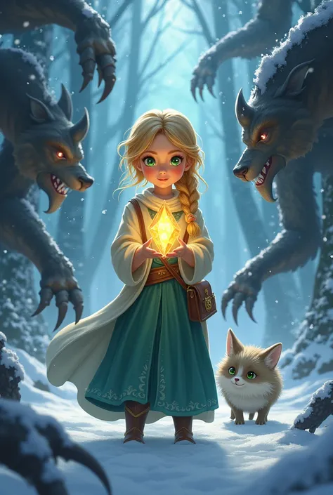 Animated image : "A young girl golden braid with green eyes stands fearlessly in the center of a frozen glade, holding a glowing crystal pendant. The light pushes back dark, shadowy creatures with clawed tendrils, while the radiant foxsilvery fur that spar...