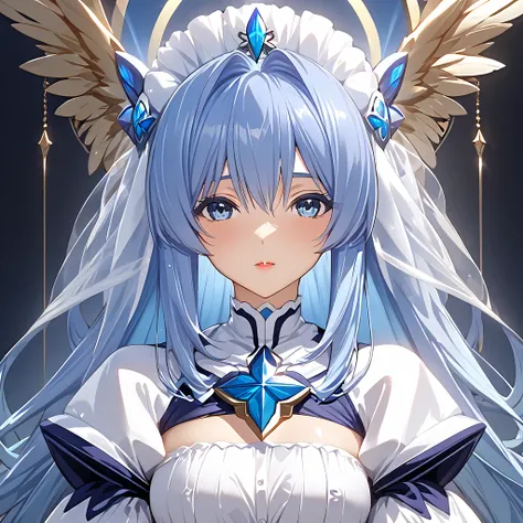 ((  best quality )), ((  Masterpiece )), (  Details), （ perfect face）、Women in Xtia have sky blue hair、Women are blessed by God 、 brainwashed to become angels loyal to God .