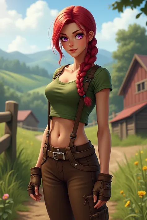  The game character is a realistic attractive woman with red,  braided hair .  with purple eyes .  Her outfit consists of a green , short-sleeved cropped shirt ,  brown pants with suspenders and sturdy brown boots. The background shows a farm