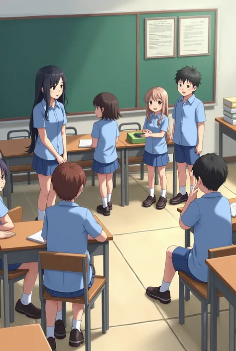   boys and girls in blue and white clothes talking, In a classroom that isnt anime .