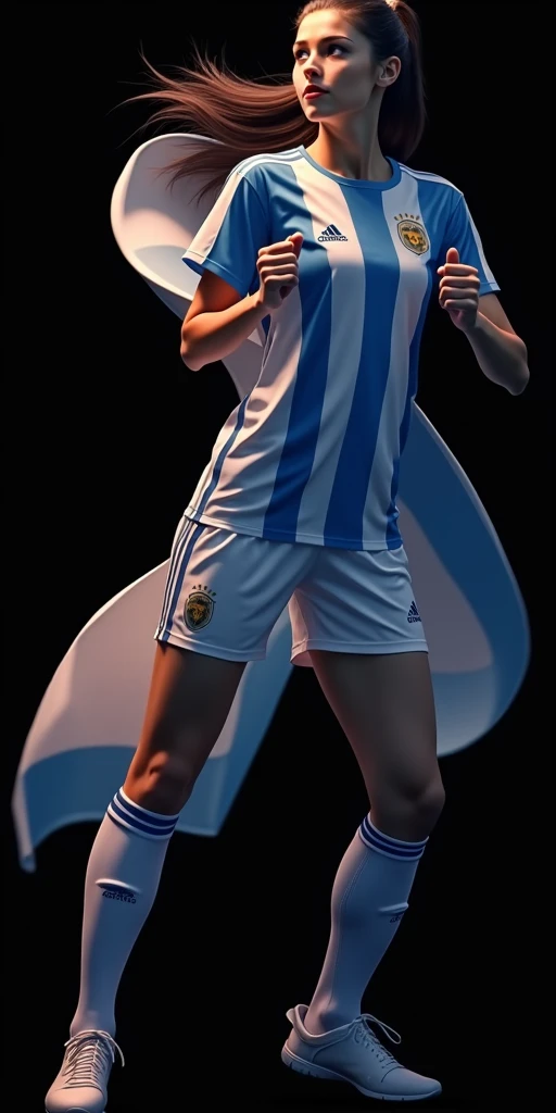 A very beautiful woman shooting in an Argentina national team uniform