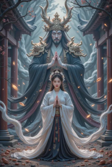 From a birds-eye view, ， of a Japanese man dressed in a white top and black bottom The shrine maiden is amazingly beautiful,  poses in a prayer pose ，Exudes a sense of tranquility. However,  An ominous atmosphere looms behind her ,  The samurais revenge ap...