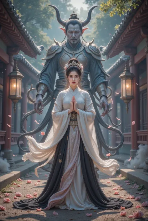 From a birds-eye view, ， of a Japanese man dressed in a white top and black bottom The shrine maiden is amazingly beautiful,  poses in a prayer pose ，Exudes a sense of tranquility. However,  An ominous atmosphere looms behind her ,  The samurais revenge ap...