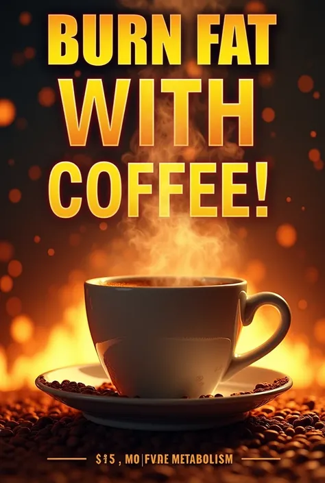 Thumbnail design for YouTube with focus on coffee and metabolism. The image should show a steaming cup of coffee, with a vibrant background that highlights energy and action, symbolizing fat burning and acceleration of metabolism. The cup should have a rea...