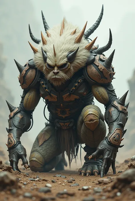 A kneeling monster wearing armor with thorns, white fur and tubes all over its body.