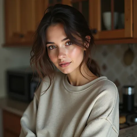  Beautiful girl ,  European appearance , in a sweatshirt to the neck , photo to the waist, kitchen against 