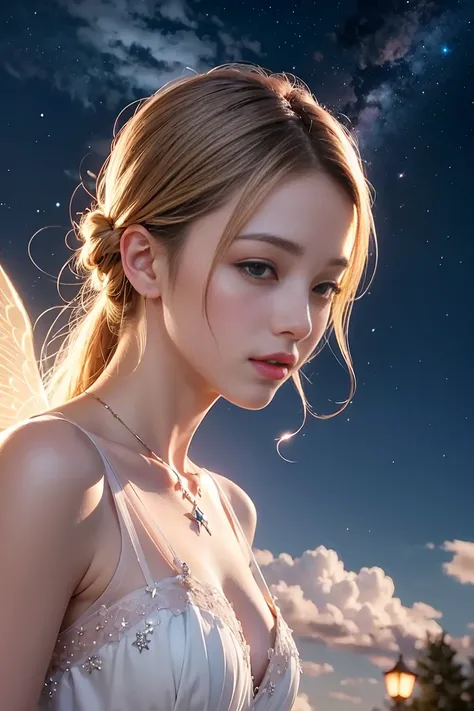 heaven、Big Crescent Moon、 night, starry sky, sparkling, white clouds fairyland, dreamy romantic, dreamy atmosphere and drama, very magical and dreamy, dreamy scene, heaven pink, on the clouds, the sky is pink, heaven, white clouds fairyland, fantastic and ...