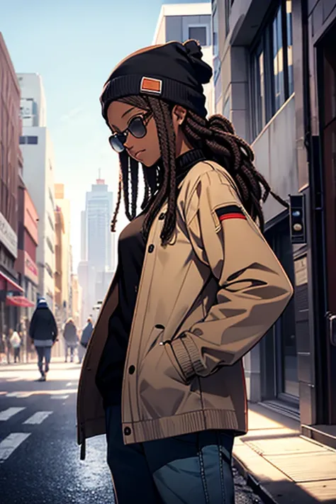 1 dreadlocks girl , Knit cap,  standing with her hands in her pockets, sunglasses,  Look Down, From below,  look at the viewers, Outdoor,  best quality,  very polished 