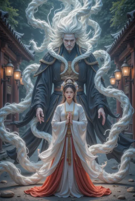 From a birds-eye view, ， of a Japanese man dressed in a white top and black bottom The shrine maiden is amazingly beautiful,  poses in a prayer pose ，Exudes a sense of tranquility. However,  An ominous atmosphere looms behind her ,  The samurais revenge ap...