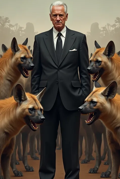 Picture of a man with short white hair in a suit surrounded by aggressive hyenas 