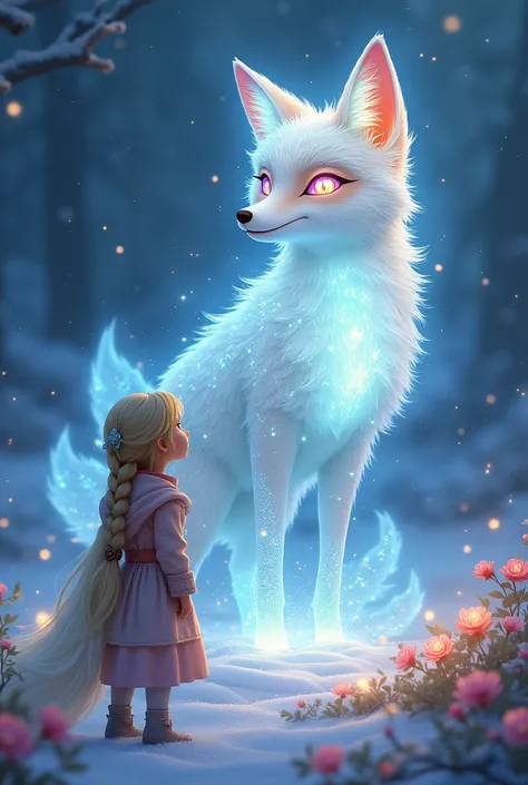 Animated image : "The glowing fox with silvery fur that sparkles like starlight and eyes that radiate the colorstransforms into a radiant, celestial spirit, rising toward the sky. The frozen glade begins to thaw, with flowers blooming alongside patches of ...