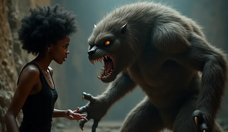 A fierce hairy beast talking to a scared young black woman with afro hair wearing a black dress