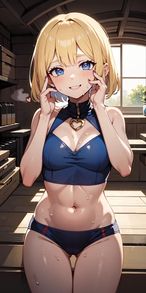  1 girl,heart-shaped pupils,nail,hands on own face,Blonde Bob Hair, blue eyes,(:1.1),  trembling,sweat,sweatdrop,heart,( speedline :1.1), medium chest , ((  intense breathing in the gangs lair :1.3)), like, heart,  crop top,  happy , smile、 blue bikini