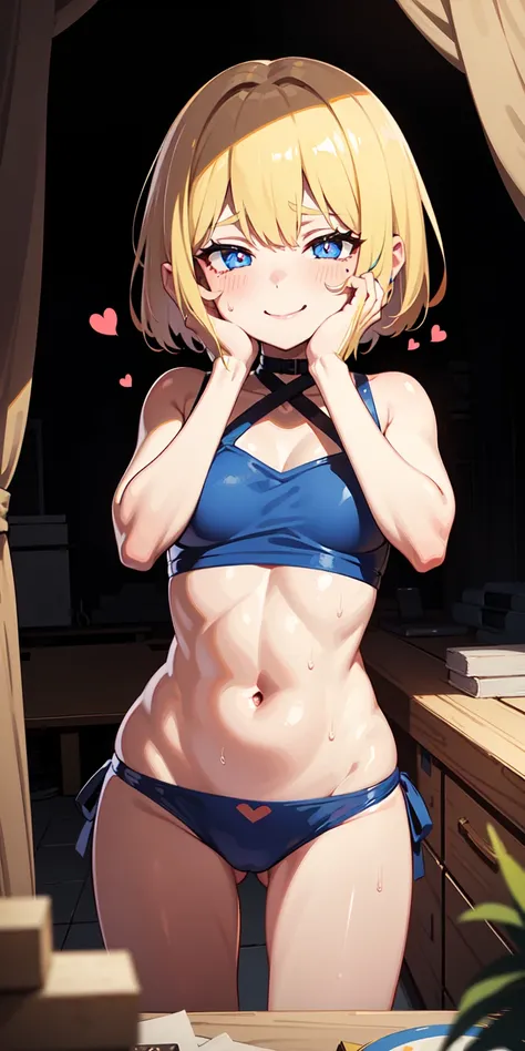  1 girl,heart-shaped pupils,nail,hands on own face,Blonde Bob Hair, blue eyes,(:1.1),  trembling,sweat,sweatdrop,heart,( speedline :1.1), medium chest , ((  intense breathing in the gangs lair :1.3)), like, heart,  crop top,  happy , smile、 blue bikini