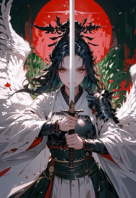 Japanese woman, has a samurai armor with black raven feathers on, ((angel wings)), (( bright halo over head)), Long black hair and brown eyes, breasts are visible, looks at the viewer, she looks at the viewer pessimistically, Smiles