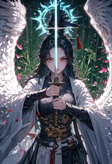 Japanese woman, has a samurai armor with black raven feathers on, ((angel wings)), (( bright halo over head)), Long black hair and brown eyes, breasts are visible, looks at the viewer, she looks at the viewer pessimistically, Smiles