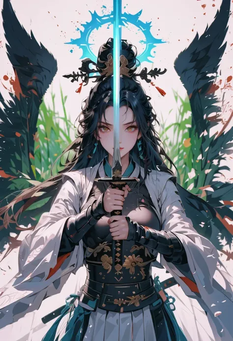 Japanese woman, has a samurai armor with black raven feathers on, ((angel wings)), (( bright halo over head)), Long black hair and brown eyes, breasts are visible, looks at the viewer, she looks at the viewer pessimistically, Smiles