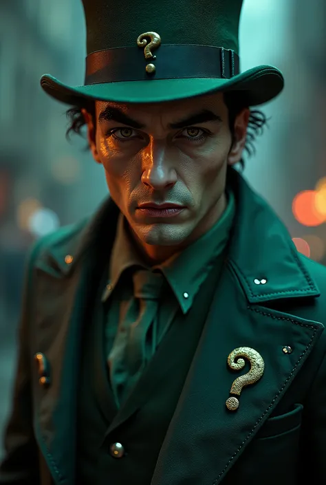 The riddler villain character hazel eyes wearing cosplay old school  costume upper portrait in Gotham city 