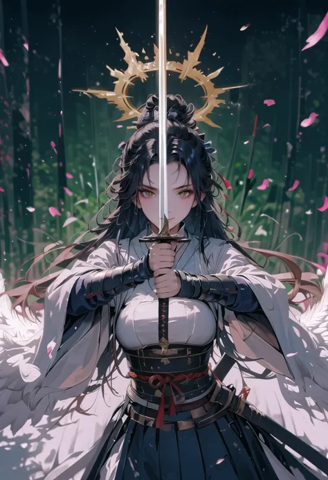 Japanese woman, has a samurai armor with black raven feathers on, ((angel wings)), (( bright golden halo over head)), Long black hair and brown eyes, breasts are visible, looks at the viewer, she looks at the viewer pessimistically, Smiles