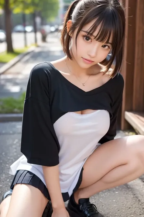 outdoor, school uniform, off shoulder dress, one piece dress, long t shirt, see through, young, idol, Japanese, Middle school students, Elementary school student, prety, Sparkling eyes, No body hair, Thin legs, Attention to detail, Highest quality, High re...