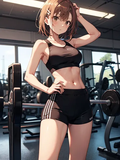 A masterpice, 4K, best quality, Misaka_mikoto　ribbon from, Sports Bra, Latex Shorts, are standing, arms folded,、cool expression　Beautiful gym, brown-eyed, Short_hair, Small_Breast, looking at the viewers