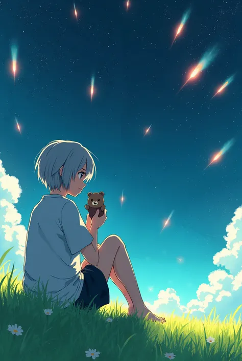  A pure gray-haired teenager sitting lightly on the fluorescent lawn， holding a little bear puppet 。 in his hand and spikes turned into meteors adorn the starry sky ，A new world has been created 。