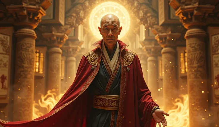 A mystical, wise-looking asian character inspired by the archetype of the Ancient One from Doctor Strange comics. The figure has an ageless, serene expression, bald head, and is dressed in flowing, ornate robes adorned with magical symbols. The character e...