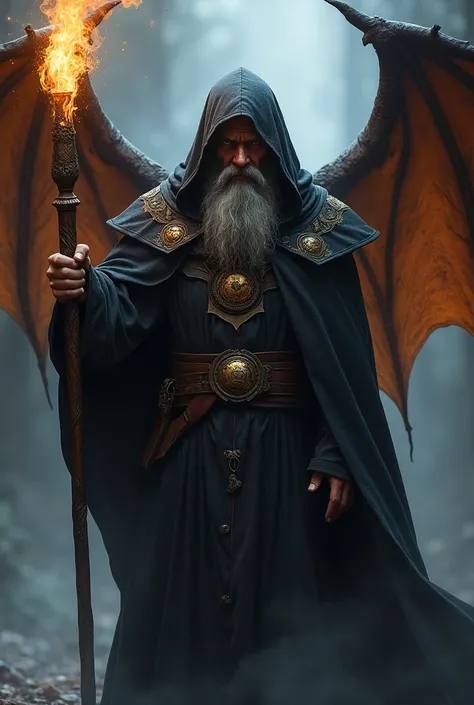 a wizard, With a fire rod in his hand , black cover, Bat wings