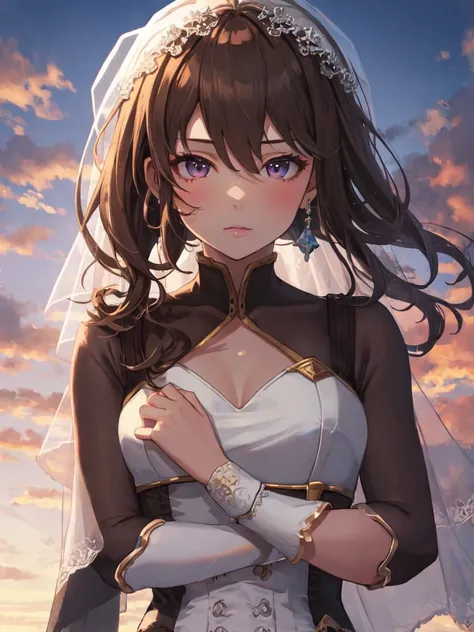 Alone, 1 girl, (human ears, earrings), (Anime Face, kissing face), (hair ornament), (((pure white bridal dress))),( Sunset Sky, Sunset), Evening Sky), (Focus on Chest, Oblique angle), (High Resolution, Masterpiece, Accurate, Anatomically Correct, Multiple ...