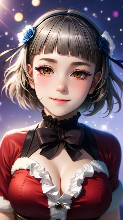 (((solo))), 1 woman, Sakuya Kurobane, sakuyaunif, kurobane_sakuya, (brown eyes), short hair, grey hair, black hairband, blue hair flower, red eyeliner, chest, blush, smile, (upper body), santa claus