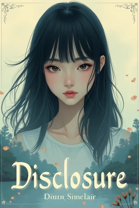 Design me a book cover. This cover should be in cream and blue tones. Put an 18-year-old black-haired girl on the cover. The book should be called "Disclosure"