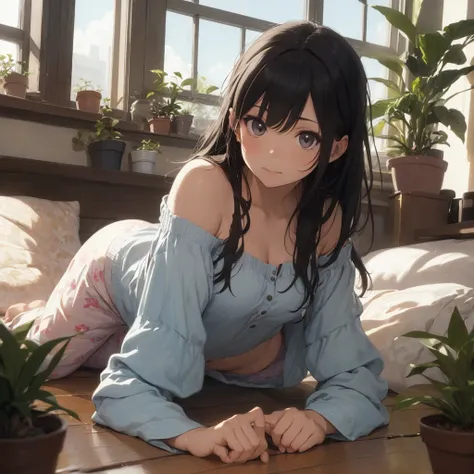 (photorealism:1.2), beautiful woman, laying down in bed, wearing loose off-shoulder top, pajama pants, long hair, indoors, soft lighting, plants in background, window with sunlight, cozy room, relaxed yet tempting pose, SFW, realistic, intricate details, w...