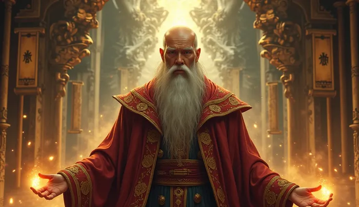 A mystical, wise-looking asian character with beard inspired by the archetype of the Ancient One from Doctor Strange comics. The figure has an ageless, serene expression, bald head, and is dressed in flowing, ornate robes adorned with magical symbols. The ...